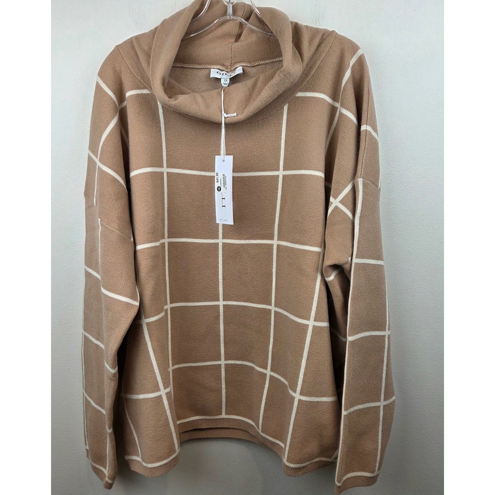 Gilli Tan Cream Grid Cowl Neck Sweater 1X Windowpane Knit NEW